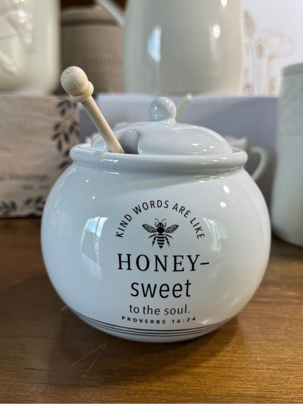 White Ceramic Honey Jar with Wooden Dipper - Honey-Sweet